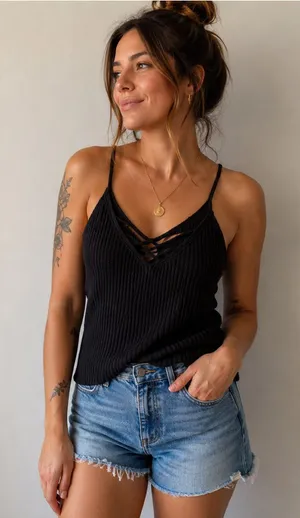 American Eagle Black Ribbed Strappy V-Neck Tank Top Size Small thumbnail 1