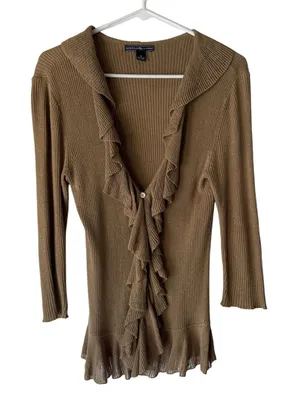 American Living Y2k Sweater‎ Small Ruffle Trim Ribbed Knit Cardigan Top Coquette thumbnail 1