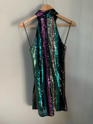 Belle Badgley Mischka Heather Rainbow Sequin Halter Mini Dress size 2. thumbnail 3