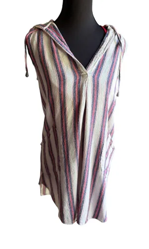 ForCynthia Beachwear Linen Blend Striped Hooded Cover Up Tunic Small thumbnail 1