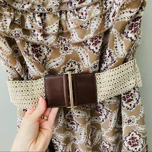 Vanity Floral Print Ruffle Dress Tan Sz Medium thumbnail 4