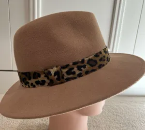 Halogen Wool Fedora Hat Tan Brown O/S Adjustable Animal Print Safari‎ thumbnail 1