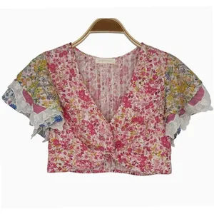 LoveShackFancy Kielle Crop Top Size Medium Pink Floral Twist Front Ruffle Sleeve thumbnail 5