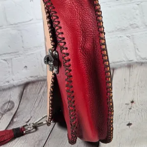 Handcrafted Tooled Leather Feather‎ Crossbody Bag Red Tan Whipstitch Boho Purse thumbnail 10