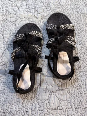 Anthropologie Fringed Rope Tassel Sandals Black White Woven Boho Sandals Sz 8💛 thumbnail 3