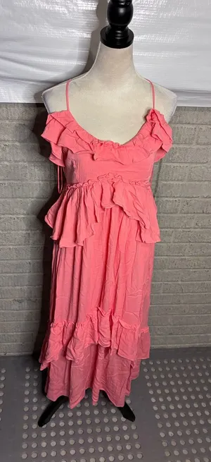 VICI Coral Pink Tiered Ruffle Maxi Dress Womens Small Smocked Back Boho Summer thumbnail 1