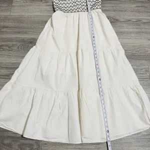 Women Ivory Smocked‎ Tiered Tie Straps Maxi Peasant Dress Size L 100% Cotton thumbnail 13