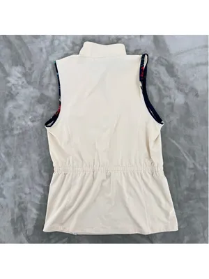 Lady Hagen Sleeveless Golf Shirt Beige Tropical Blue Trim Drawstring Waist Small thumbnail 5
