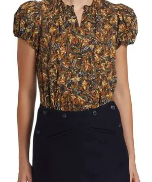 DÔEN Millie Puff Sleeve Button Front‎ Blouse Top in Noir Narcissus Floral Medium thumbnail 1