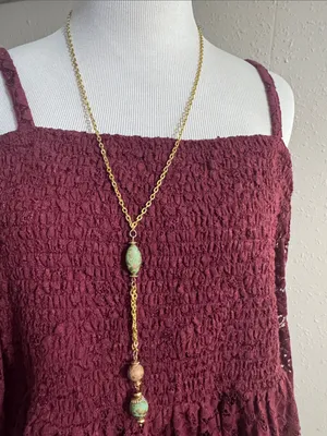 Vintage Gold-Tone Long Pendant Necklace with Turquoise Beads - Women Jewelry thumbnail 1