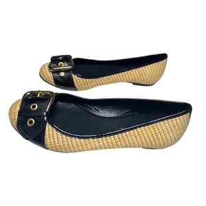 Antonio Melani Woven Straw Patent Buckle Flats Black Tan‎ Women 8M Preppy thumbnail 3
