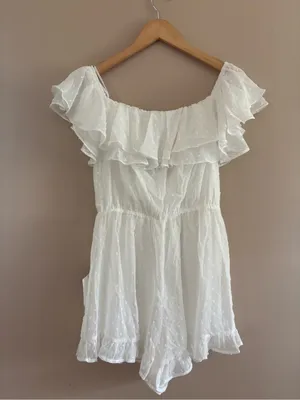Lulus Frilled to Bits White Swiss Dot Off-the-Shoulder Romper Size Medium Beach thumbnail 6