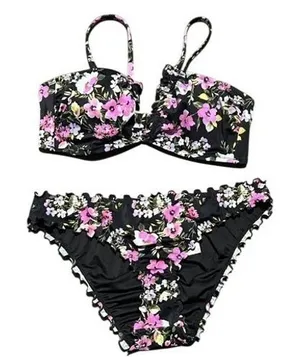 Shade & Shore‎ Womens Floral Bikini Set Black Pink Ruffle Edge Coquette Medium thumbnail 1