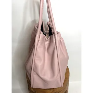 Lulu Dharma Pink Leather Ruched Tote Bag Shoulder Purse Gold Hardware thumbnail 4
