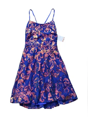Blue Metallic Floral Fit-and-Flare Party Dress thumbnail 1