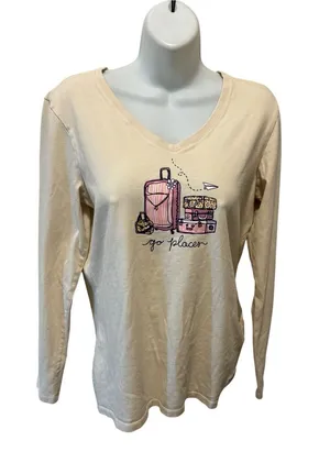 Life is Good Go Places Ivory V-Neck Long Sleeve Crusher Tee Sz M 100% Cotton thumbnail 1
