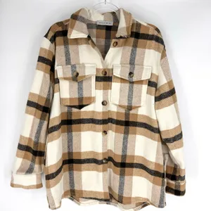 Wanna B Me Plaid Shacket Brown Cream Tan‎ Button Front Size L thumbnail 1