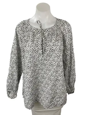 Ann Taylor Loft Black White Floral Tie Neck Long Sleeve Peasant Blouse Top Sz L thumbnail 1