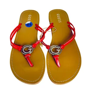 Guess Draper T strap G bling red patent faux leather flip flops sandals sz10 thumbnail 1