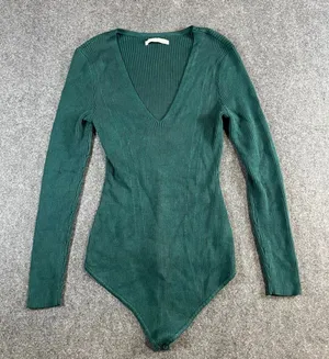 Abercrombie & Fitch Green Ribbed Long‎ Sleeve V-Neck Bodysuit Large thumbnail 1