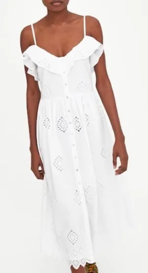 Zara White Eyelet Ruffle Sleeveless Midi Summer Dress Size XS thumbnail 1