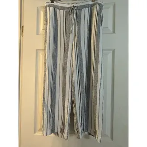 Per Se White And Black Striped Linen Crop Wide Leg Pants Women M Breezy Classic thumbnail 2