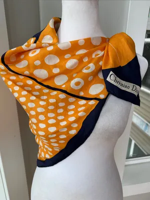 Christian Dior Orange White Navy Blue Polka Dot Silk Scarf 30” Sq thumbnail 1