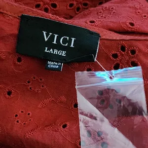 VICI Rust Orange Eyelet Dainty Tiered Cut Out Mini Dress‎ Puff Sleeves, Large thumbnail 2
