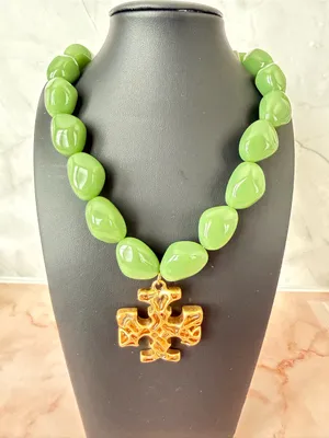 Tory Burch | Gold Plated Icon Pendant Necklace w/Green Beads | Magnetic Closure thumbnail 1
