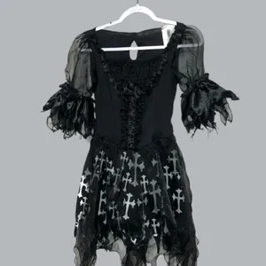 Gothic Black torn shredded look Dress with White Cross Pattern Size L thumbnail 9