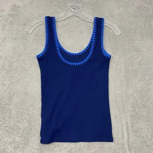 J Crew‎ Top Womens XXS Navy Blue Ribbed Knit Blanket Stitch Trim Tank CJ076 thumbnail 3