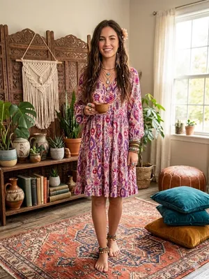 Beach Lunch Lounge Boho Ikat Tiered Mini Dress Pink Purple XS thumbnail 2