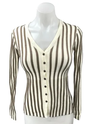 Commense Tan White Striped Knit Button V-Neck Long Sleeve Cardigan Sweater Top S thumbnail 1
