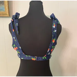 Modcloth Blue Polka Dot Strawberry Tie Strap Metal Back Closure Bikini Top Large thumbnail 2