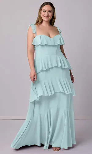 NWT Azazie X Barbie 1025 A-Line Sweetheart Neckline Chiffon Ruffle Detail Maxi Dress Mist Blue thumbnail 1