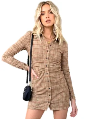 Zara Brown Plaid Check Mini Shirt Dress Womens Small Ruched Front Long Sleeve thumbnail 1