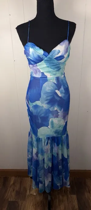 Here‎ Comes The Sun Sunni Low Back Midi Dress Floral Blue Xs Fit & Flare thumbnail 1