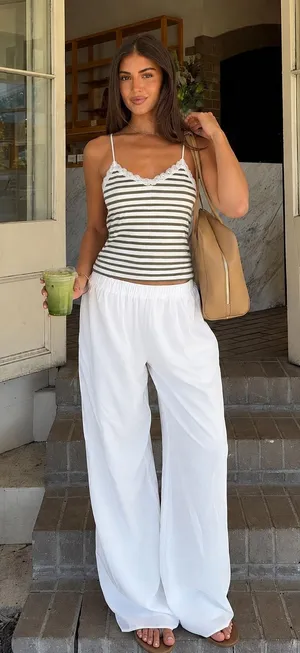 American Eagle Lace Trim Striped Cami Tank Top XS Olive Ivory Y2K Cottagecore thumbnail 1