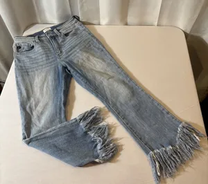 KanCan Junior's 5/26‎ Jeans Blue Denim Mid Rise Medium Wash Straight Fringe Hem thumbnail 1