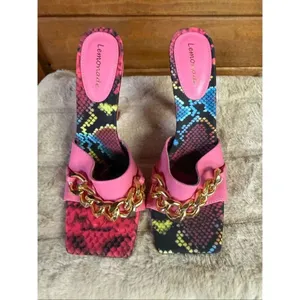 Lemonade Meow Heeled Sandals gold chain accent vibrant multicolored snakeskin pa thumbnail 6