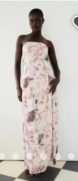 ZARA Strapless Marble Tulle Floral Abstract Maxi Dress Skirt A-Line Mesh thumbnail 1
