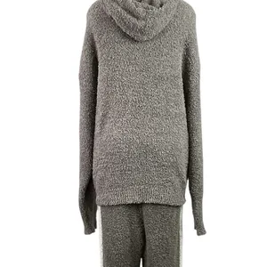 Skims Women's Gray Cozy Knit Teddy Stripe Fleece Hoodie Jogger Lounge Set S/M thumbnail 4