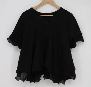 Unbranded Black Ruffle Hem Short Sleeve V-Neck Blouse Relaxed Fit Top Womens thumbnail 1