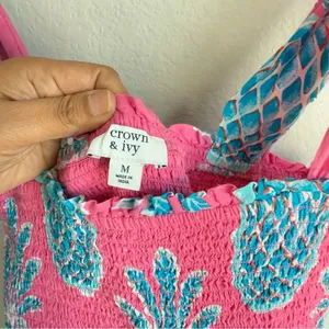 Crown & Ivy Women’s Dress M Pink Blue Pineapple Swiss Dot Smocked Maxi Beach thumbnail 10