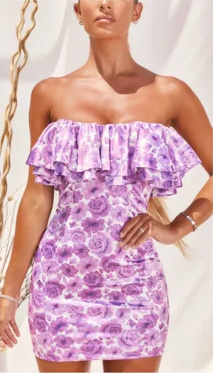 Oh Polly Show Me‎ Off Off Shoulder Ruffle Satin Mini Dress Lilac Floral US 8 NWT thumbnail 1