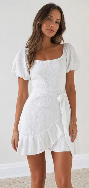Trixxi White Puff Sleeve Eyelet Dress M thumbnail 1