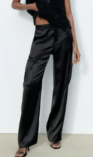 ZARA Satin Cargo Pants Black thumbnail 1