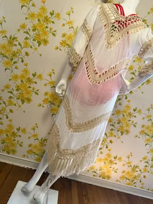 Dreamers Boho Fringe Crochet Trim kimono cardigan Swim Coverup in Cream size M thumbnail 7