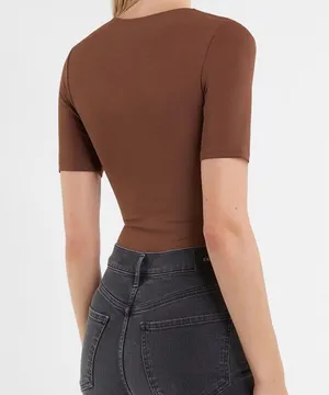 Express Brown Short Sleeve Scoop Neck Bodysuit thumbnail 3