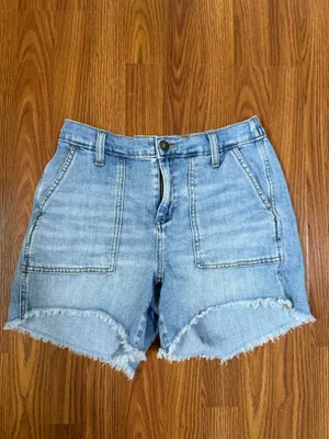 Aerie high rise blue denim shorts distressed raw hem size small. thumbnail 2